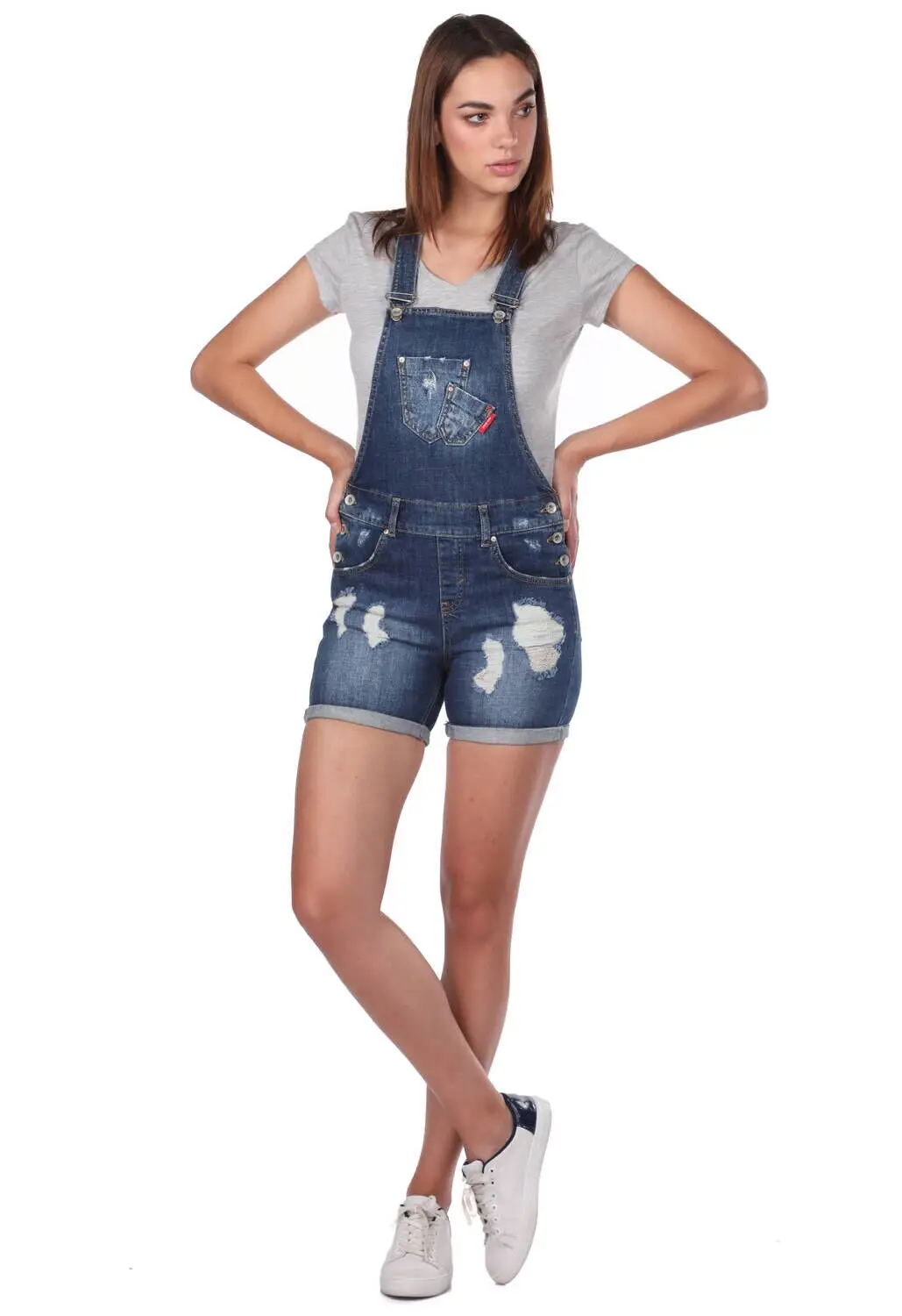 Blue White Women Ripped Jean Jumpsuit Shorts