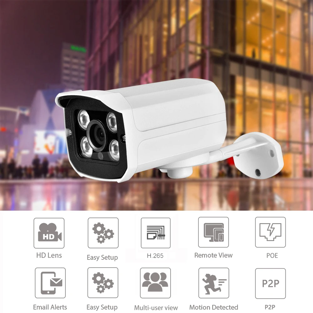 AZISHN NEW H.265 IP Camera 2MP 1080P 25fps Metal IP66 Waterproof 4 Array LEDS CCTV Camera Security Video P2P DC12V/48V POE