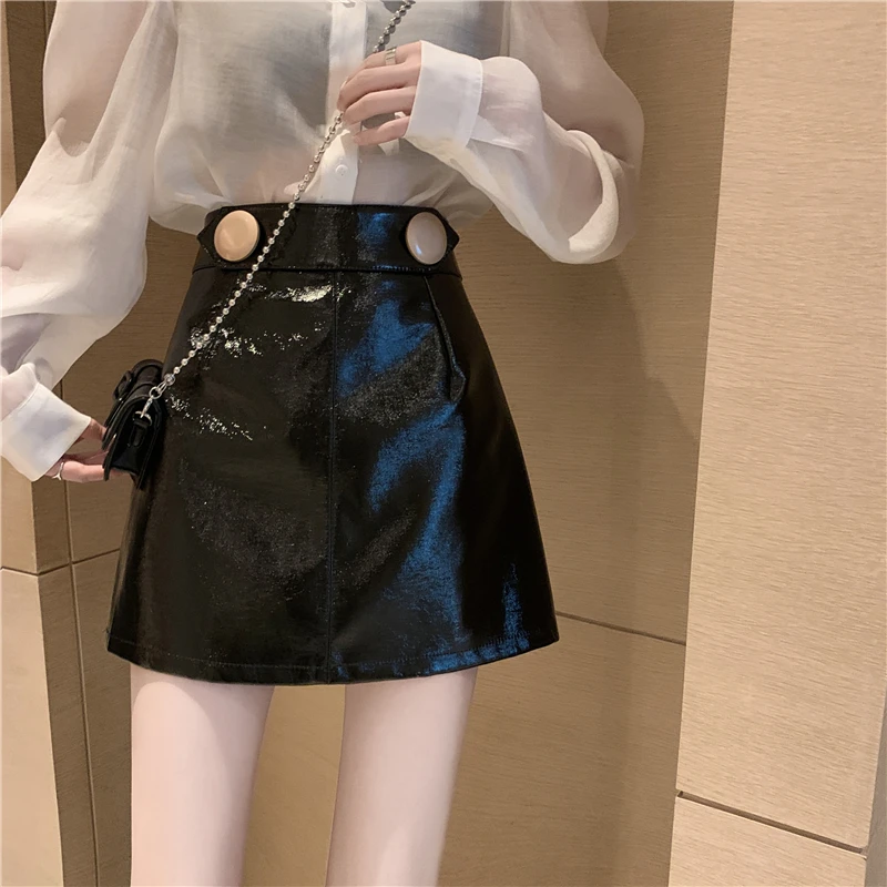 

Autumn 2021 large size black all-match PU leather skirt high waist design bright leather skirt DQ1364