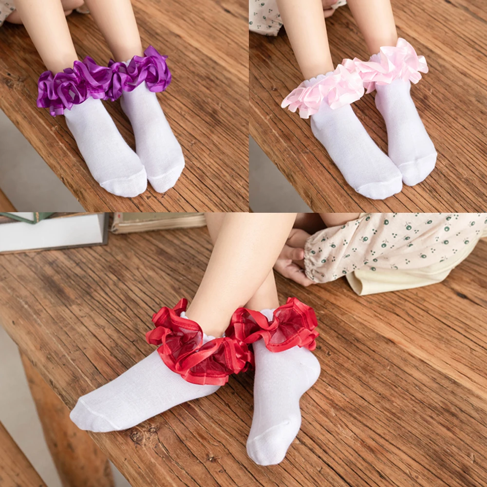 4 pairs Children girl Princess Baby socks dance socks White cotton socks lace socks Latin dance socks