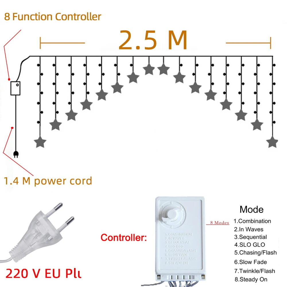 Guirlande lumineuse rideau d'étoiles, 2.5M, 120led, prise ue, pour noël, fête, mariage, nouvel an, décoration extérieure, féerique