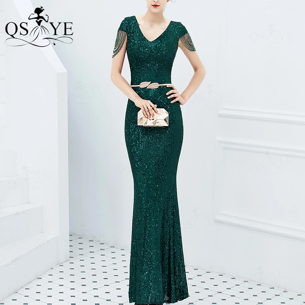 

Beading Cap Sleeves Emerald Evening Dress V neck Mermaid Sequin Prom Gown Elegant Glitter Green Formal Party Women Fashion Dress