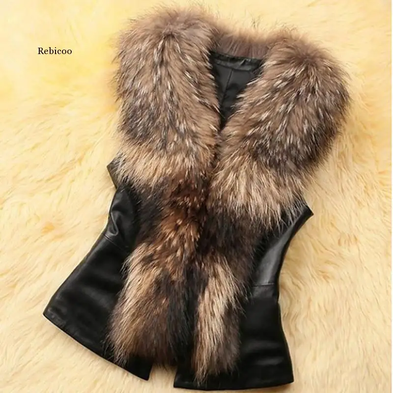 

Women Leather Faux Fur Coat Winter Jacket Coat Women Casual Sleeveless Faux Fox Fur Collar Vest Winter