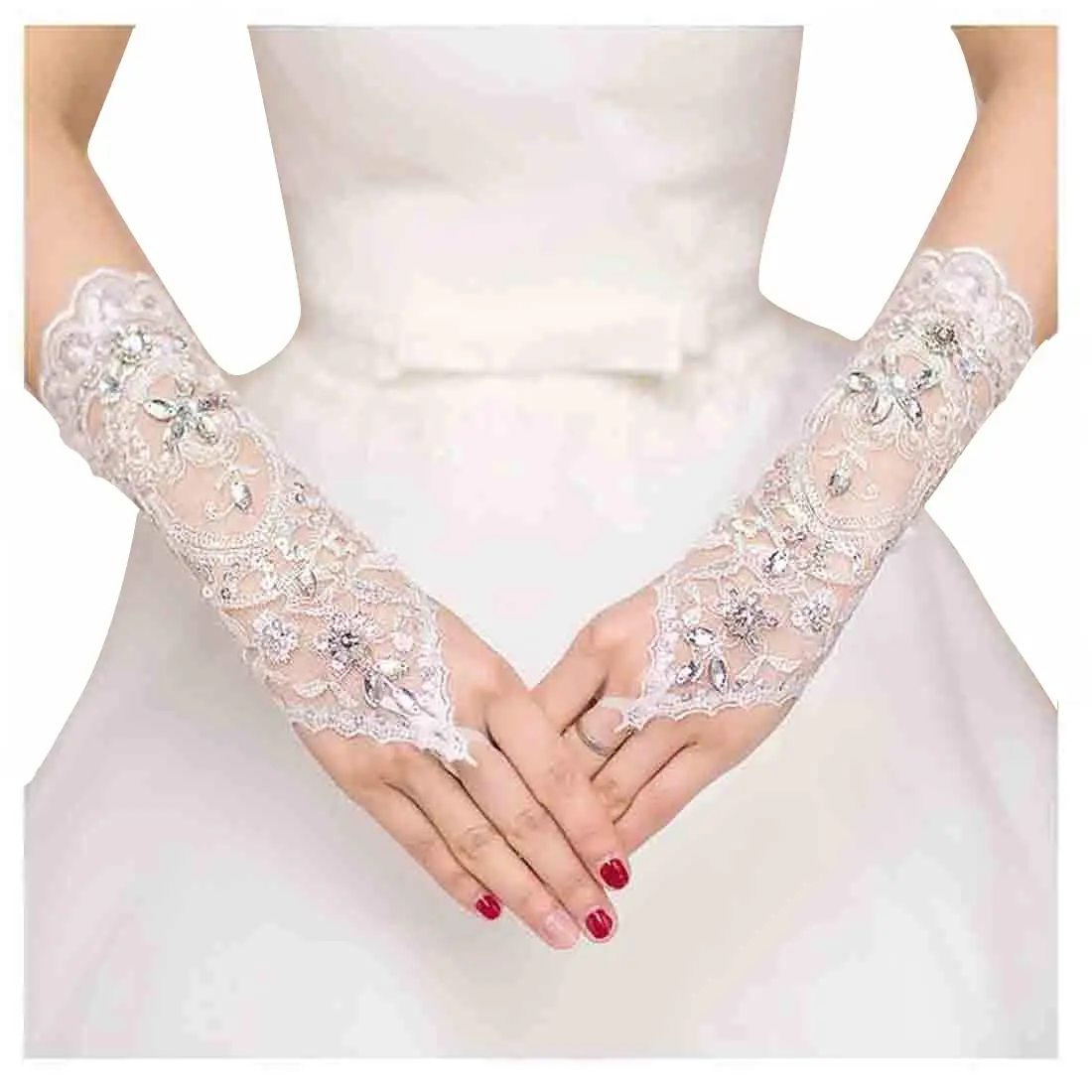 Guantes de encaje de boda para mujer, puños de muñeca de lentejuelas de cristal de tul sin dedos, dedo de Gancho Blanco