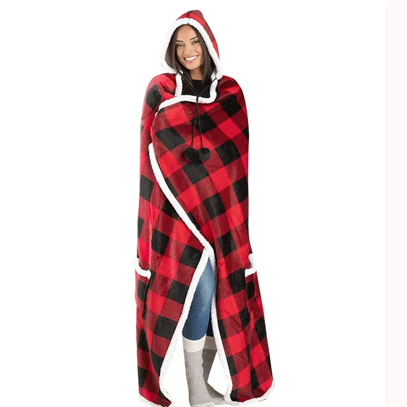 Winter Sherpa Blanket Without Sleeves Plush Fleece Hoodies TV Blankets Super Long Flannel Hooded Thick Warm Sofa Blanket WF242