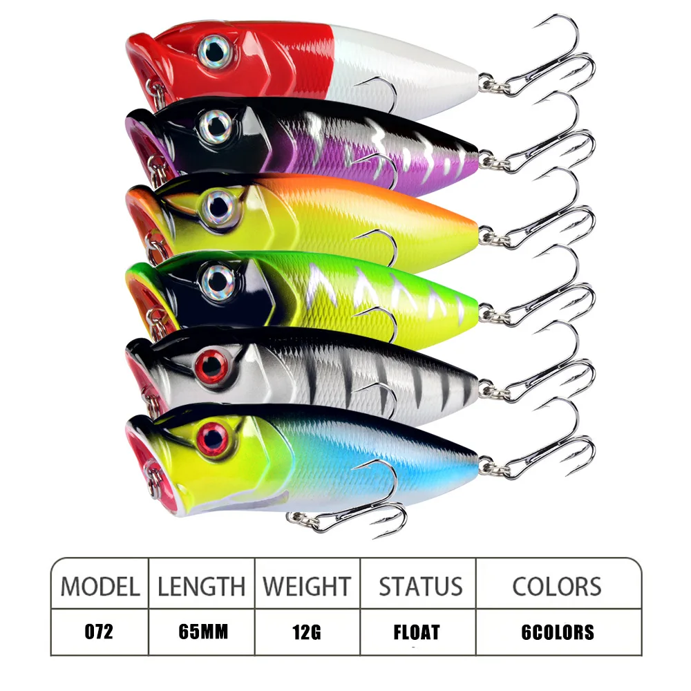 Hot 1pcs Popper Fishing Lures 6.5cm 12g Topwater Hard Bait Artificial Wobblers Plastic Fishing Tackle with 6# Hooks