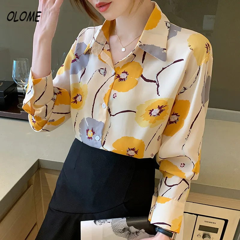 เกาหลีเสื้อผู้หญิงลำลองดอกไม้พิมพ์สุภาพสตรีขั้นพื้นฐานเสื้อหลวมทุกวันสำนักงาน Ol All-Match ผู้หญิงเสื้อชีฟองด้านบน