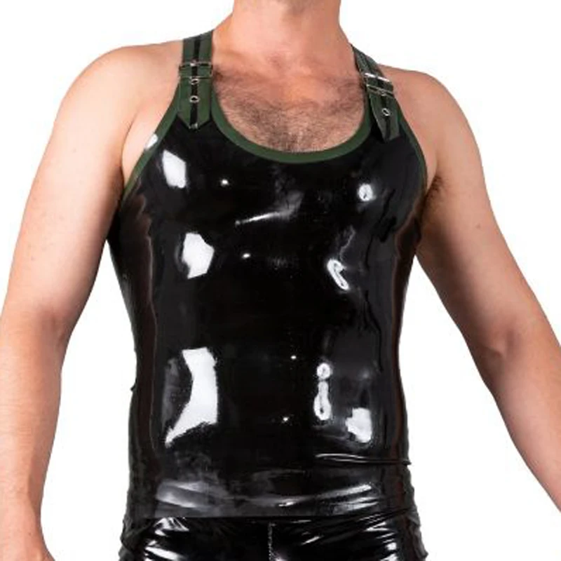 

Black And Olive Green Trims Sexy Latex Shirt With Belts Buckles Sleeveless Rubber Clothing YF-0223