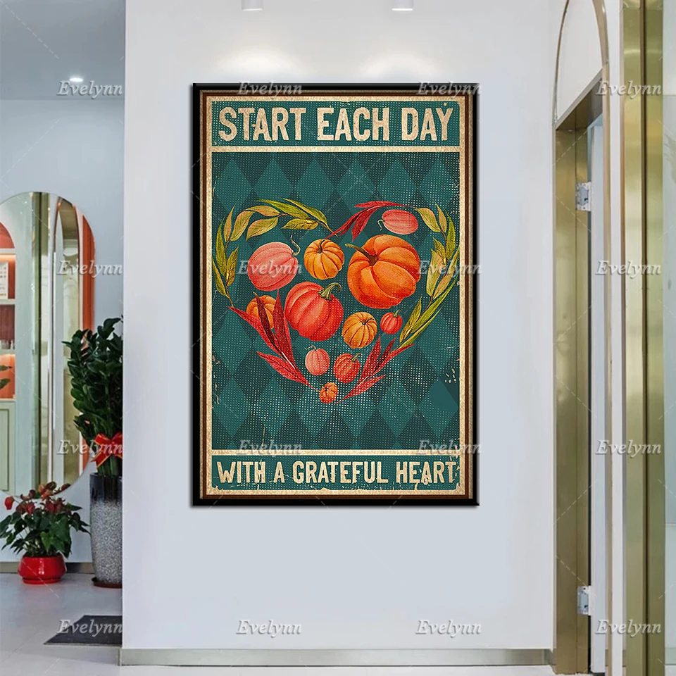 Veganism Vegetarian Vegan Start Each Day With A Grateful Retro Poster Heart Shape Wall Art Print Home Decor Canvas Poster Gift