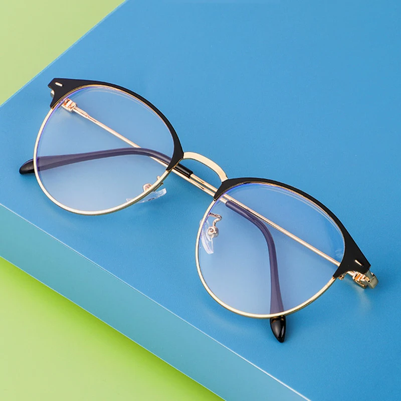 Elbru Retro Metal Round Frame Anti-blue light Photochromic Plain Glasses Ultraviolet-proof Men and Women Comfortable Glasses