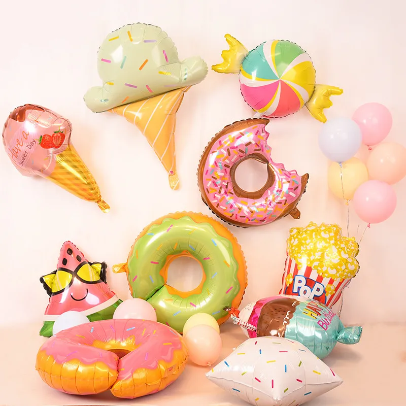 1pcs Donuts Candy Ice Cream Popcorn Fruit Foil Balloons Baby Shower Happy Birthday Decorations Inflatable Helium Sweet Kids Toys