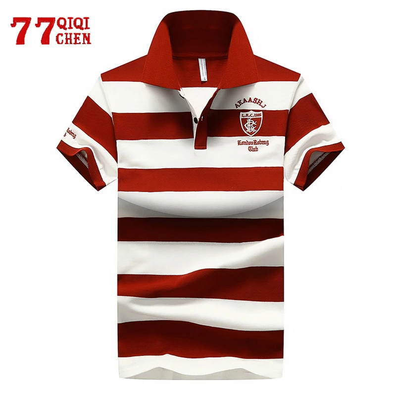 Mens Casual Polo Shirt Stripe 100% Cotton Breathable Soft Colorfast Tops Male Anti-pilling Red Quality Fashion Polo-shirt Male