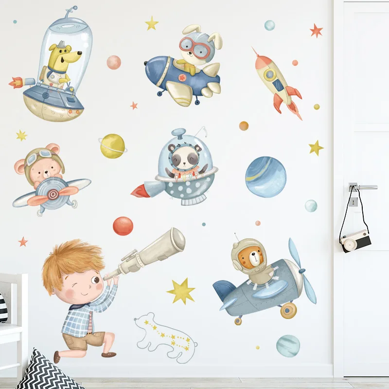 Cartoon Animal Pilot Astronaut Wall Stickers for Kids rooms Boys Bedroom Kindergarten Wall Decor Room Decoration DIY Art Murals