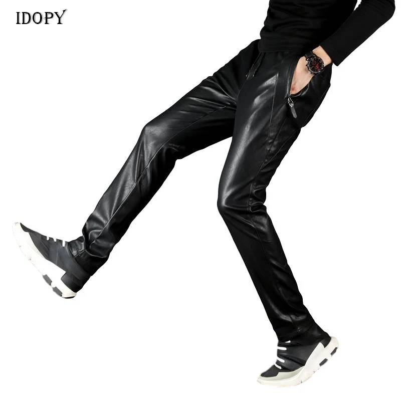 

Idopy Men`s Winter Warm Faux Leather Harem Pants Motorcycle Waterproof Elastic Waist Drawstring PU Joggings Trousers For Male