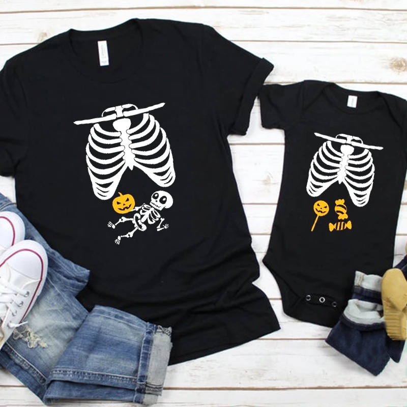 Matching Family Halloween Skeleton Shirts Halloween Skeleton Costume Vacation Matching Tee 2022 Fashion Party Tops Print