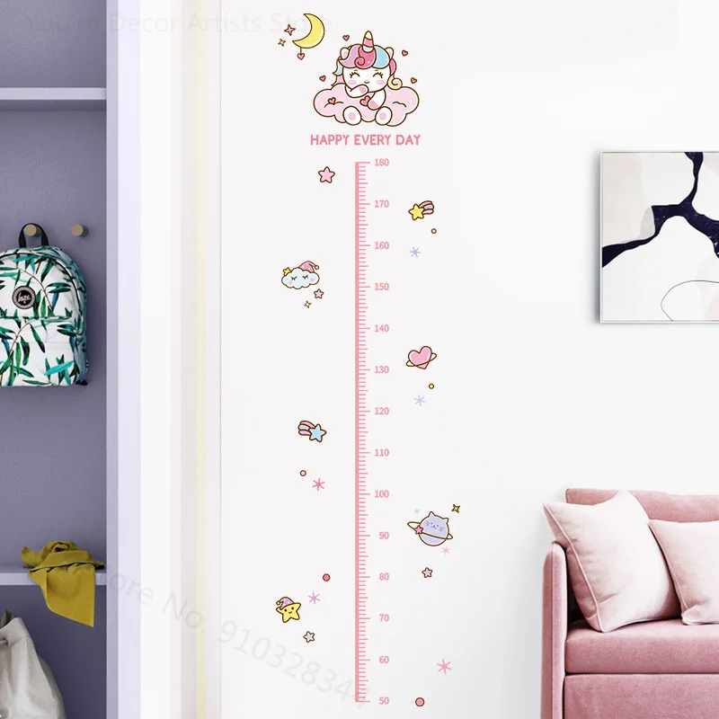 Cute Pink Unicorn Height Sticker For Girls Room Child Height Ruler Cartoon Wall Decal Kids Gift Nursery Height Measuring Sticker