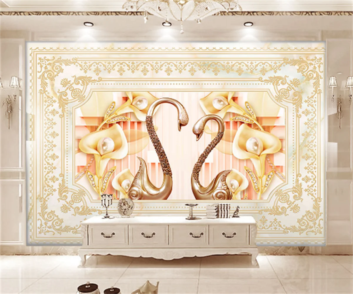 European classical lace golden lily tulip swan lake living room background wall painting custom 3d luxury  restaurant  wallpaper