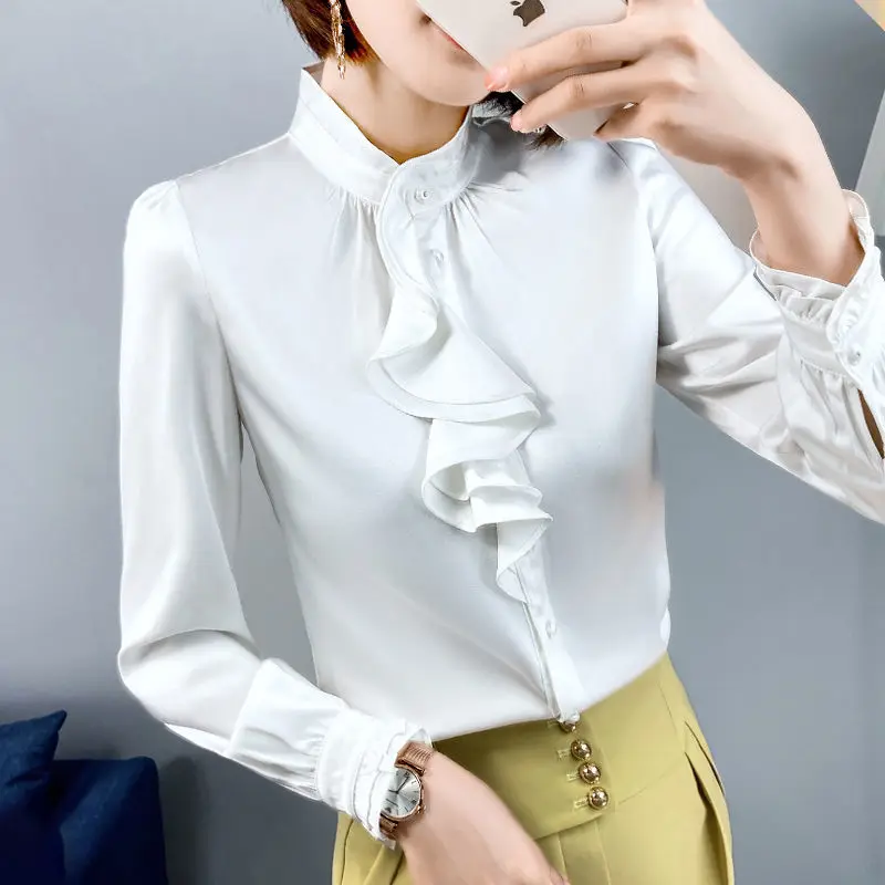 Feminine Blouse Spring Autumn New Elegant Fashion Wave Cut Ruffles Office Lady Shirts Long Sleeve Stand Collar Solid Tops Women