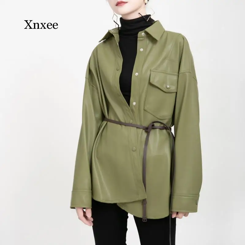 Pu Faux Leather Green Balck Pocket Jacket Spring Autumn All-Match Loose Casual Coats Fashion Female Clothing Streetwear Tops