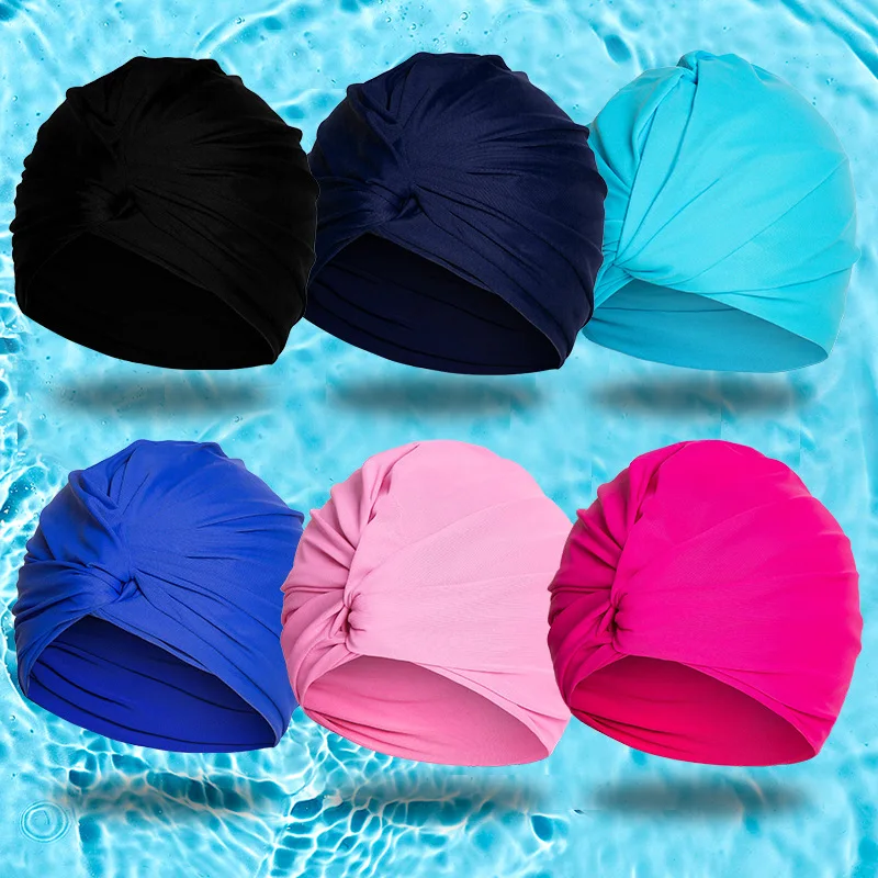 Women Fabric Swimming Cap Water Sports Swim Pool Long Hair Female High Elastic Bathing Caps Hat Dual Layer Stretchy Nylon Turban