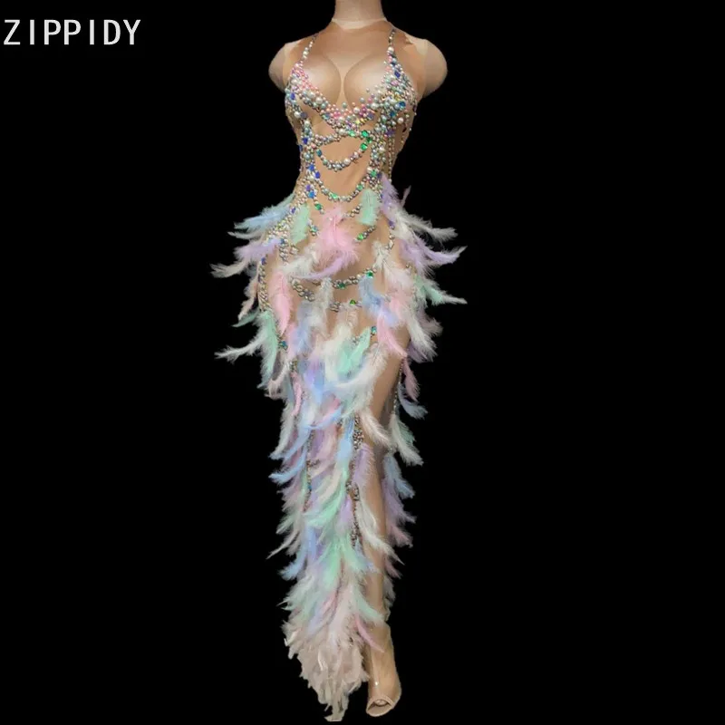 

Colorful Feather Rhinestone Pearls Sequins Slit Long Dress Birthday Celebrate Prom Dress Women Singer Show Dress