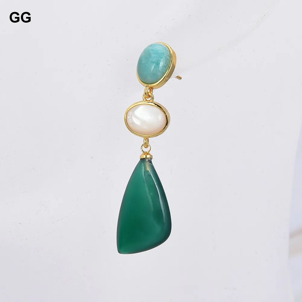 GuaiGuai Jewelry Natural Gems Green Agatse Green Peruvian Amazonites White Shell Stud Earrings