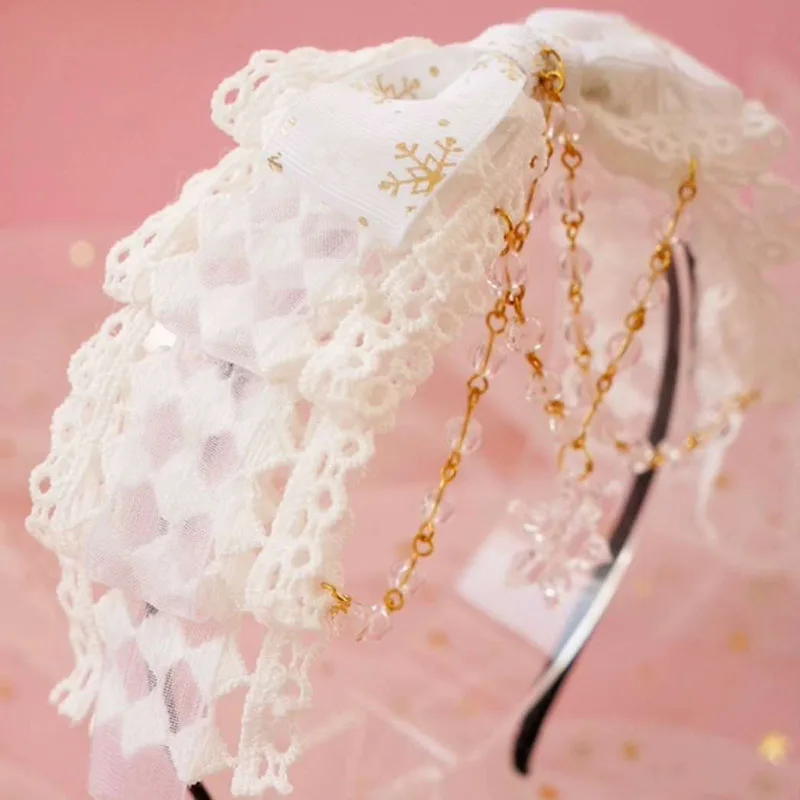 Lolita-opaska do włosów w kształcie płatka śniegu, czysta biel, akcesoria, włochata piłka, śnieżynka, śliczne akcesoria do włosów