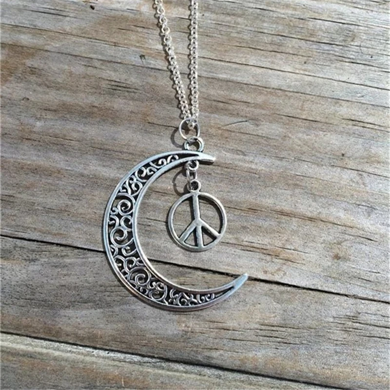 Moon Charm with Peace Sign Necklace, Moon Necklace, Boho Necklace, Symbol Necklace, Peace Necklace for woman