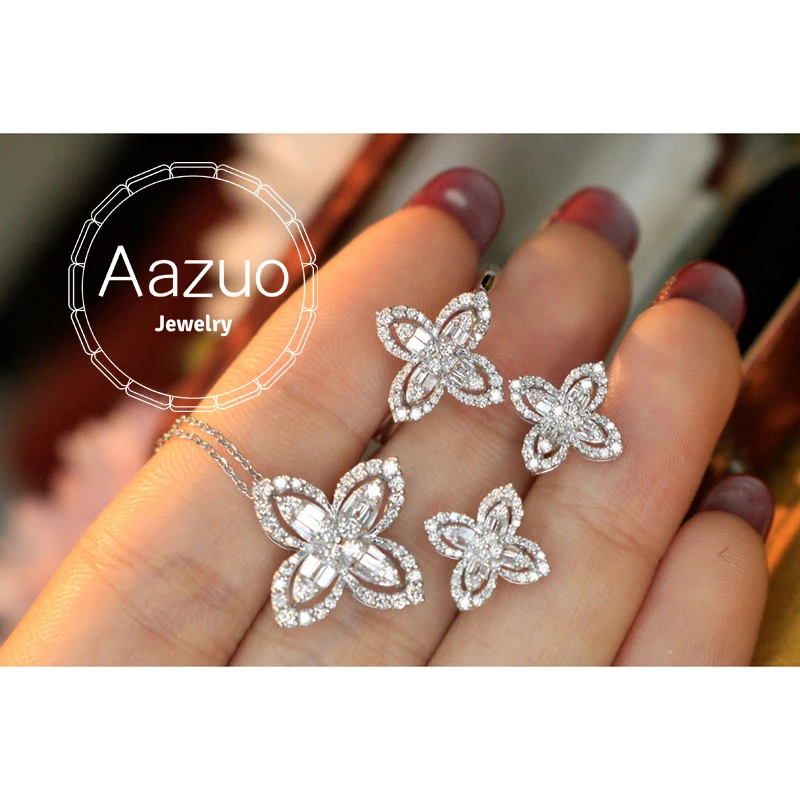 

Aazuo 18K White Gold Jewelry Sets Real Diamonds Fairy 4 leaves Flower Ring Necklace Earring For Women Engagement Wedding