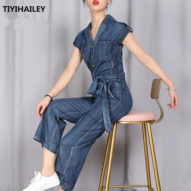 

TIYIHAILEY Free Shipping New Women Wide Leg Denim Embroidery Jumpsuit And Rompers M-XL Thin Summer Trousers With Pockets Belt