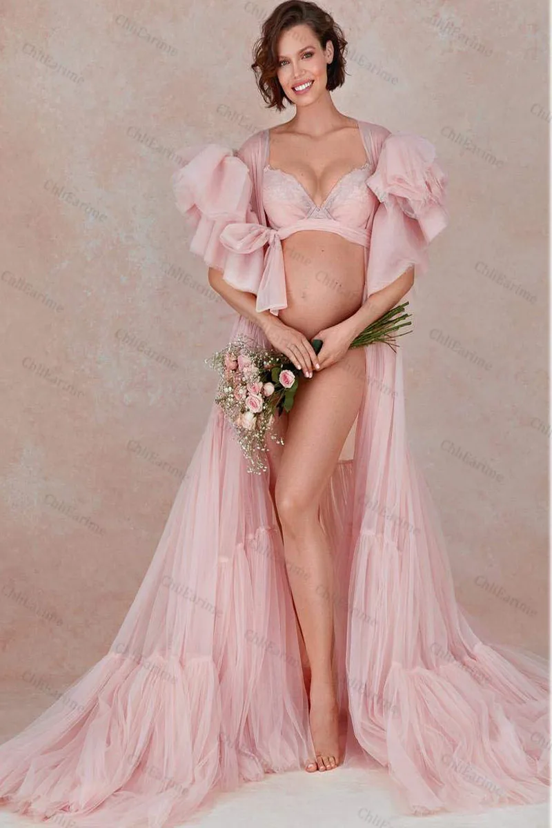 Ladies V-neck sexy elegant tulle maternity photography robe dress