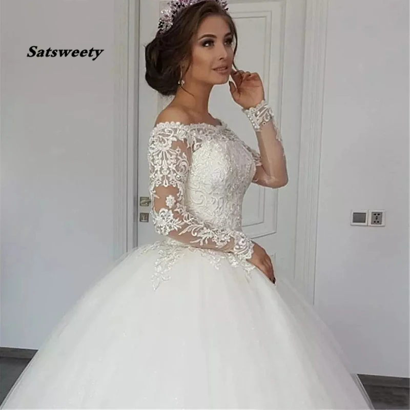 Prinzessin Vestidos De Novia Weg Von Der Schulter Brautkleider Ballkleid Lange Ärmel Applizierte Weiß Elfenbein Puffy Braut Kleider