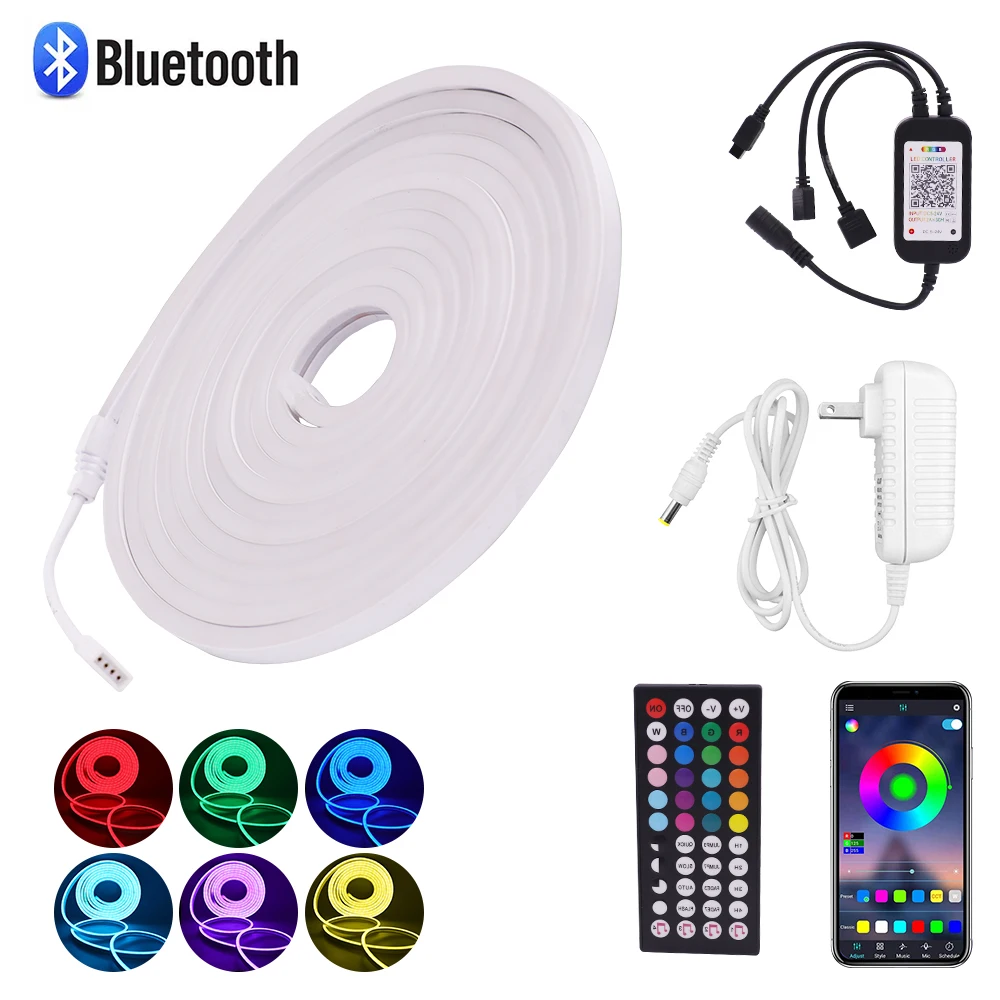 Bluetooth Control RGB Neon Strip 12V SMD 3535 96LEDs/m RGB Neon Light with switch 44Key Remote Control Flexible LED Neon Decor