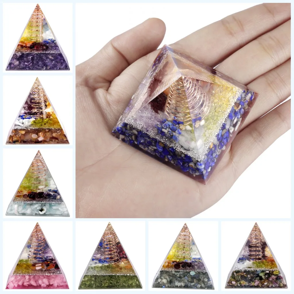 TUMBEELLUWA Chakra Gravel Orgonite Pyramid Energy Converter,Reiki Resin Metal Spiral Decorative Craft Jewelry for Good Luck Gift