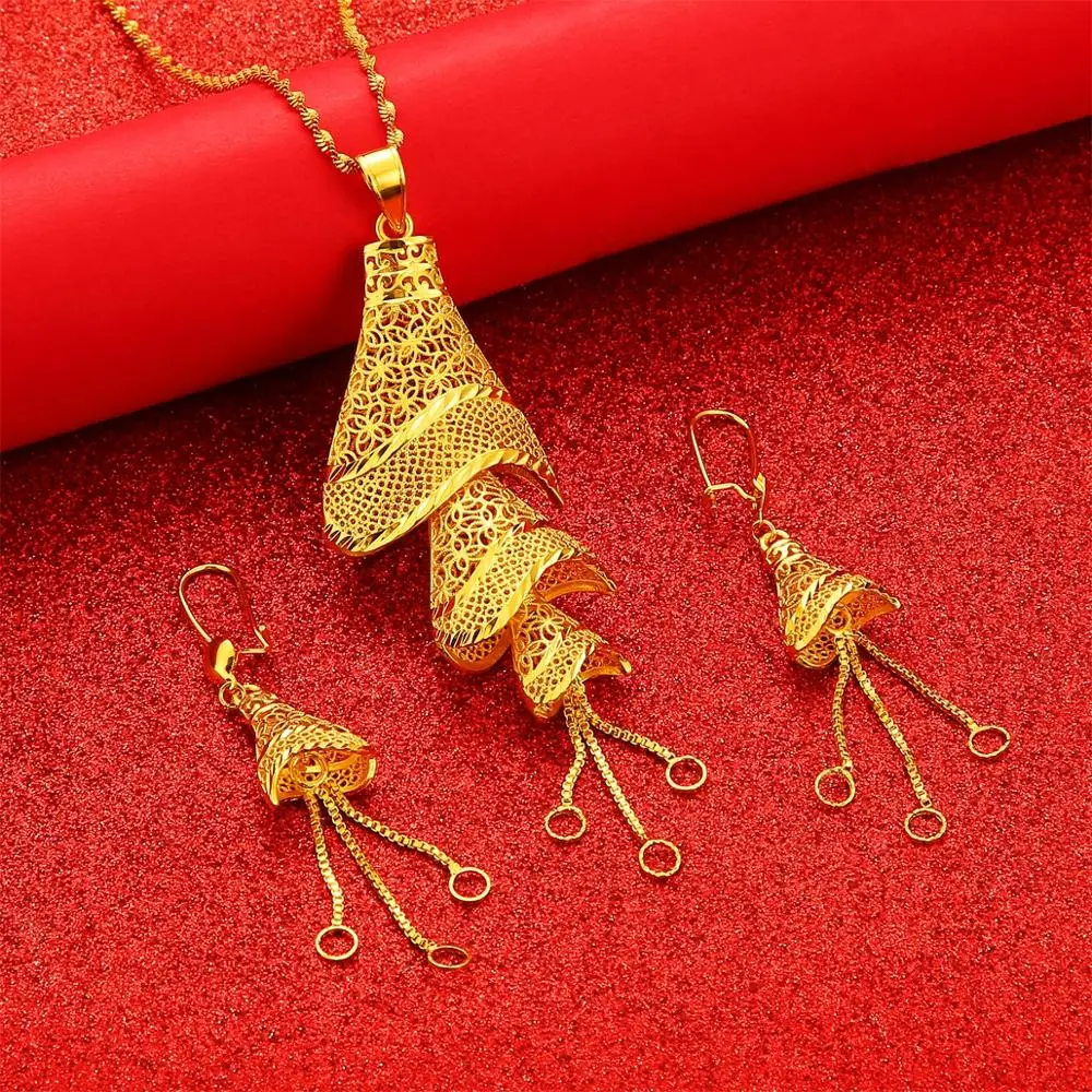 Ethiopian African Gold Color Pendant Necklaces Earrings Women Fulani Wedding Party Jewelry Set