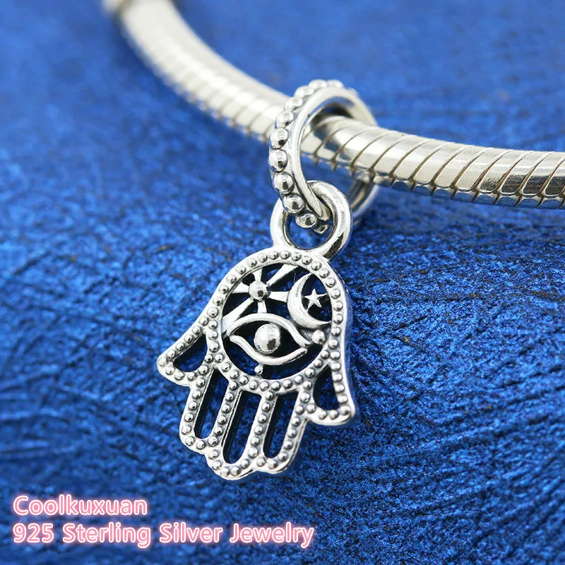 

100% 925 Sterling Silver Protective Hamsa Hand Dangle Charm beads Fits Original Pandora bracelets Jewelry Making