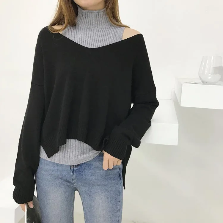 Women off shoulder  knit set turtleneck vest + long sleeve Deep V Jumper sweater two pieces set casual warm cotton knitting set