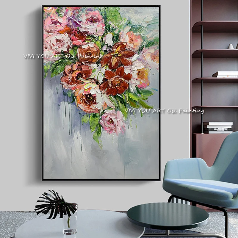 100% Hand painted pink colorful flower oil painting knife canvas handmade modern artist living room home decoration wall art