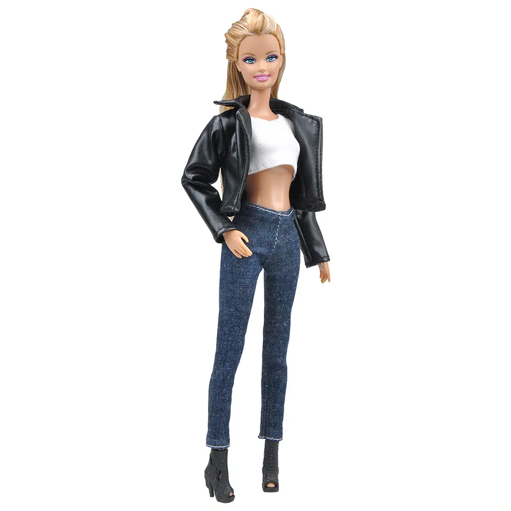 1 Set Doll Accessories Fashion Black Leather Jacket Jeans Outfits Clothes Set for Doll Clothes 30cm Dress