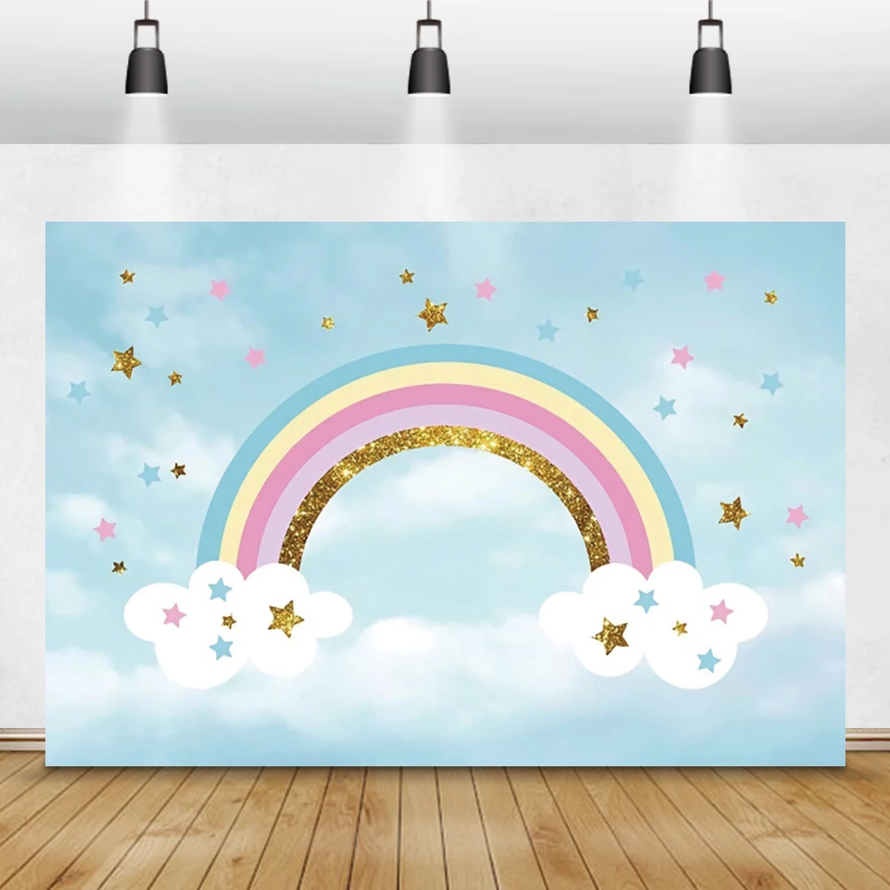 Laeacco Baby Shower Photocall Cloudy Sky Rainbow Stars Moon Children Kids Newborn Backdrops Photography Backgrounds Photo Studio