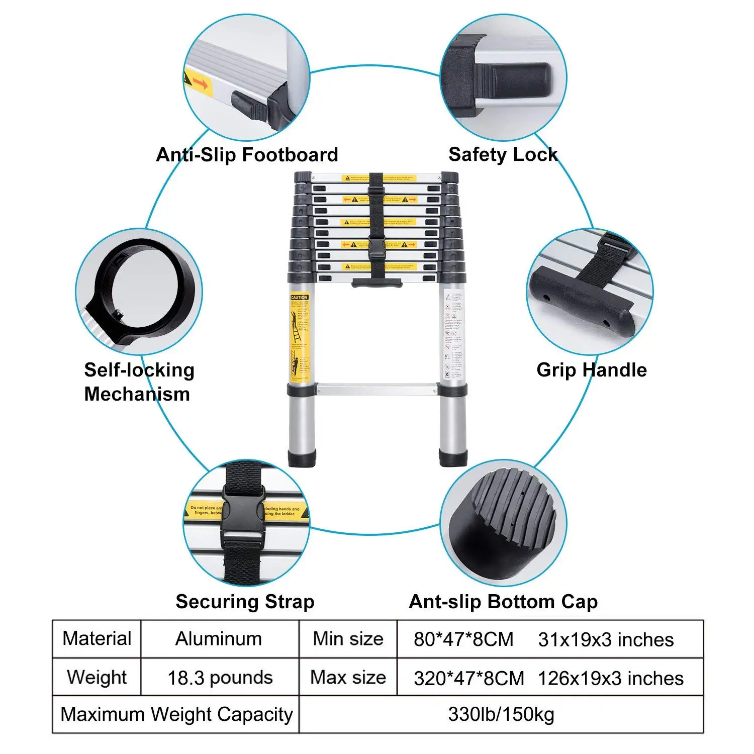 EN131 6.6ft (2m) Telescoping Ladder Folding Ladders Aluminum Multi Purpose Household Thickening Extension Ladder