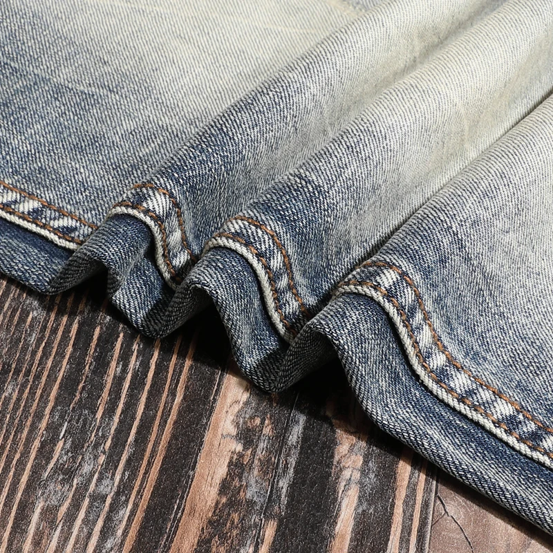 Vintage Jeans Men Streetwear Casual Slim Fit Straight Pants Retro Blue Cotton Denim Trousers