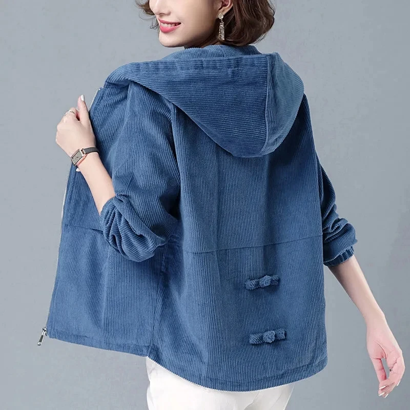 

Women Spring Autumn Corduroy Jacket 2022 Female New Korean LooseShort Jacket Middle-aged Mother Hooded Jacket A486