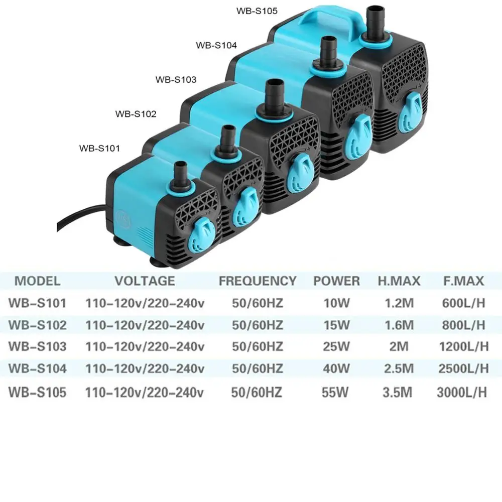 10 15 25 40 55W Ultra Silent Submersible Water Pump  220V-240V Filter Fish Pond Fountain Aquarium Tank High-lift 600-3000L/H