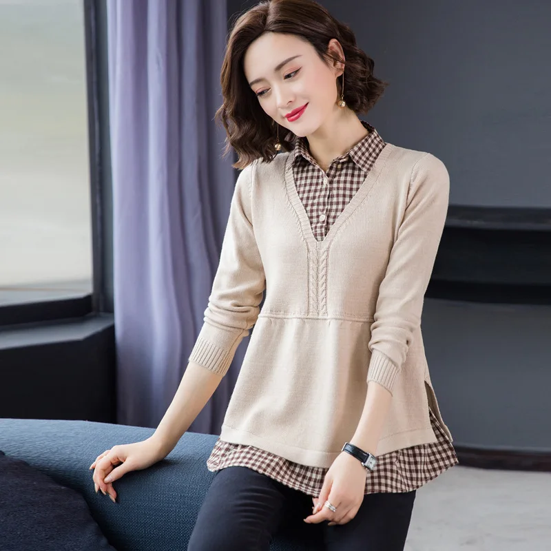 Fake Two Knitted Sweater Pullover Female Knitwear Tops Spring Autumn Women Sweaters Long Sleeve Splicing Knit Bottoming Sweate