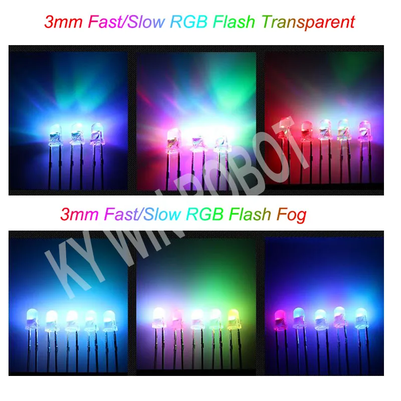 20pcs/lot F3 3mm Fast/Slow RGB Flash Red Green Blue Rainbow Multi Color Light Emitting Diode Round LED Full Color DIY