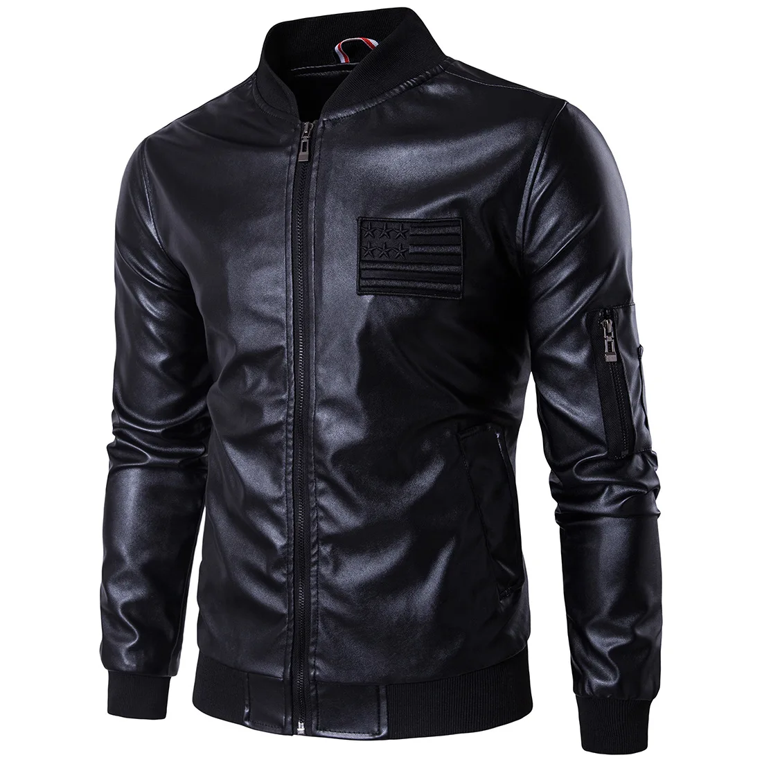 EUR Size Nice Spring Wear Men's Wear PU Leather Jackets Locomotive Vertical Collar High-end Leather Garment Oversized Embroidery