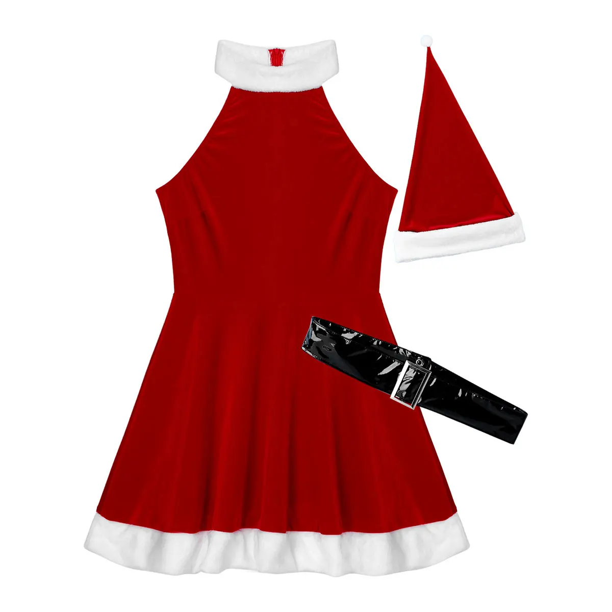 Womens Christmas Mrs Santa Claus Costume Sexy Sleeveless Velvet Dress 3Pcs Outfits Xmas Party Club Dress with Santa Hat And Belt