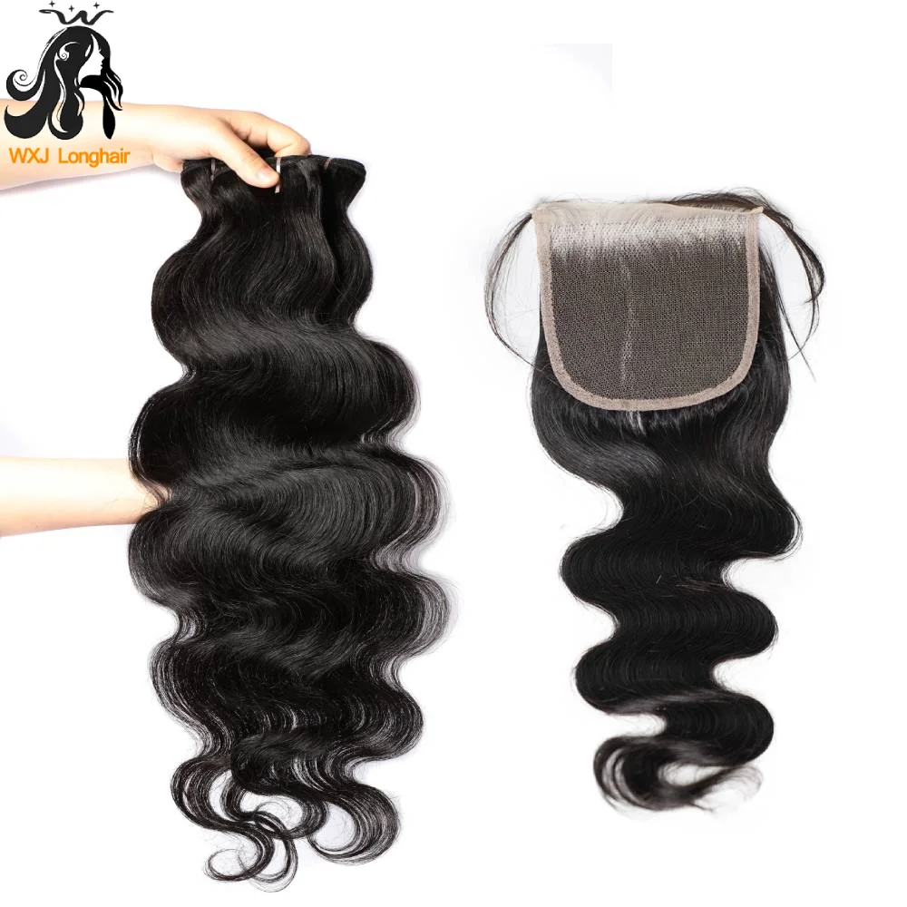 Body Wave Human Hair Bundles With Lace Closure 4x4 for Black Women Peruvian Wavy Hair Extensions Non Remy Hair 4/5 Pcs