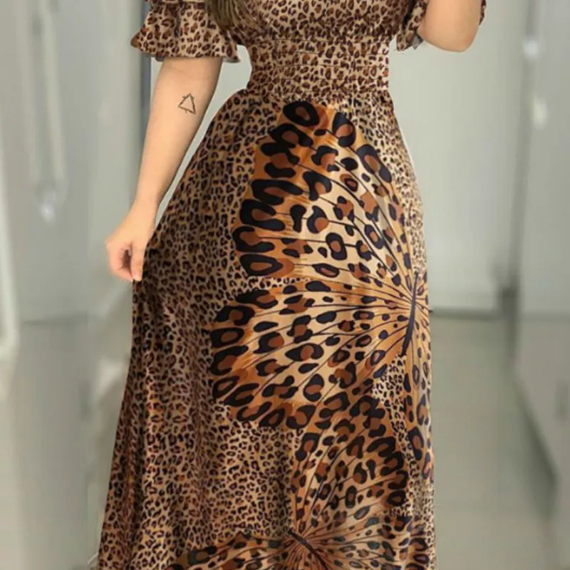 Vestido largo de fiesta con hombros descubiertos para mujer, traje Sexy con volantes y estampado de leopardo, con tirantes y cuello oblicuo